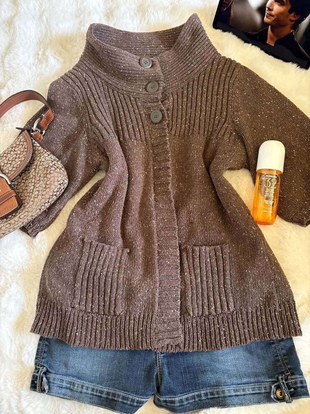 B.U.M. Equipment Cardigan Sweater Size XL Brown Chunky Knit Mock Neck